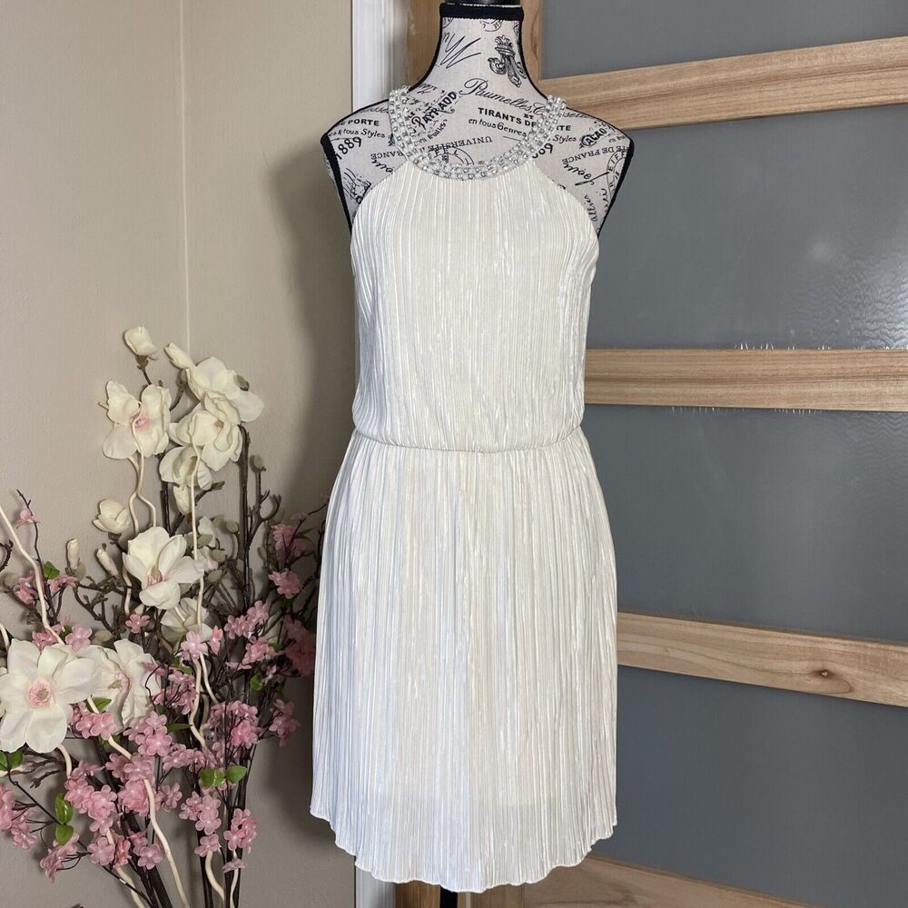 Jacaranda Ivory Pleated Halter Midi Dress Womens M Elastic Waist Wedding Guest